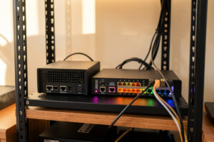 Home network rack with a fanless firewall appliance and managed switch running intrusion detection