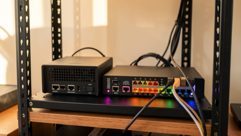 Home network rack with a fanless firewall appliance and managed switch running intrusion detection