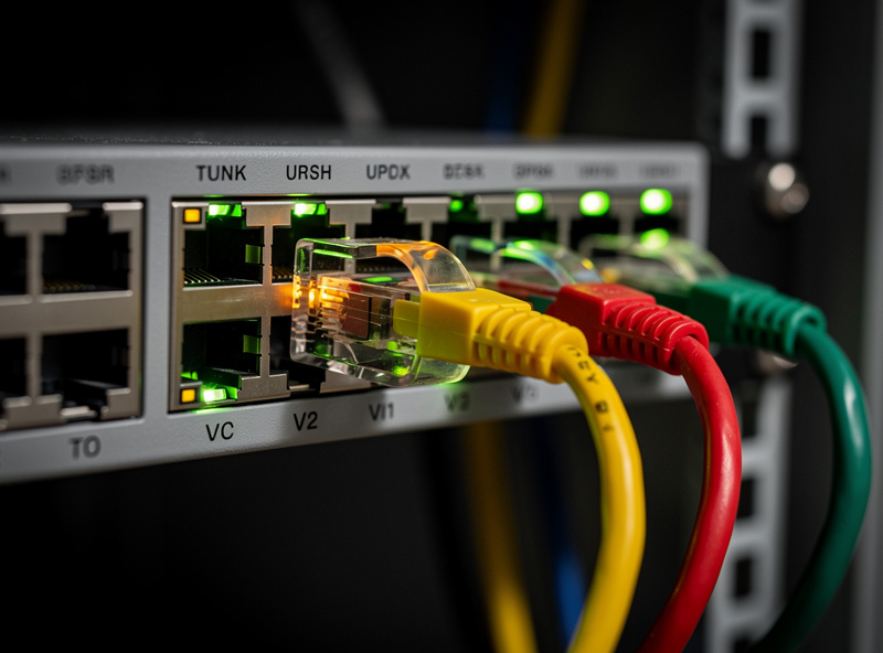 Managed switch with tagged trunk port and color-coded VLAN patch cables in a home rack