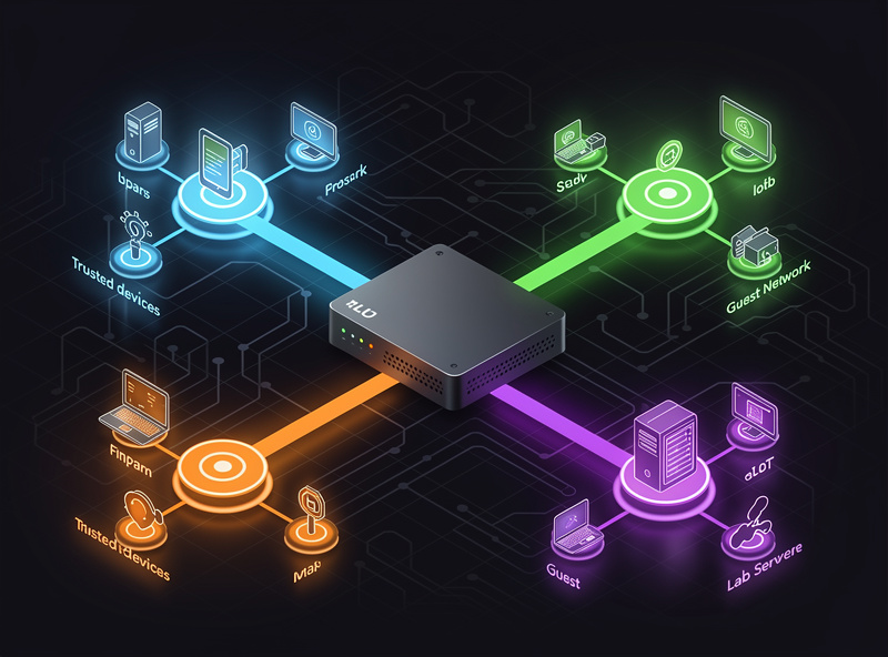 Home network VLAN topology diagram showing seven trust zones routed through a single firewall