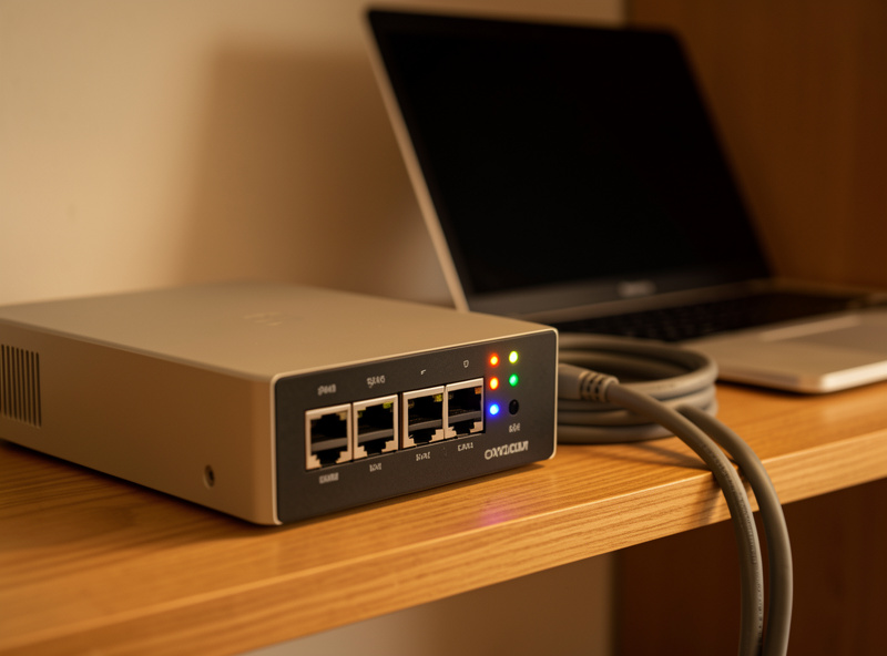 Fanless OPNsense firewall appliance and a home network rack with a laptop connecting back over a VPN tunnel