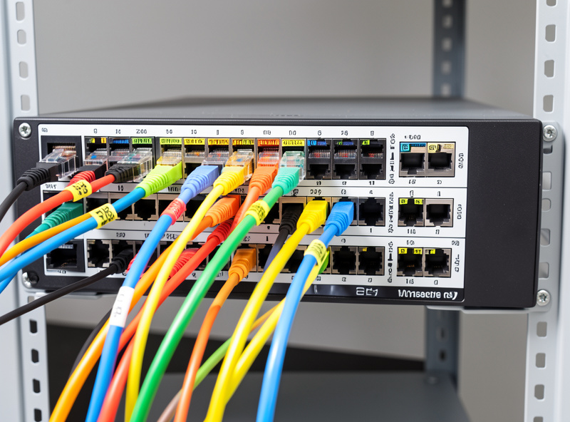 Managed switch with VLAN-tagged ports and patch cabling representing segmented trust zones on a home network