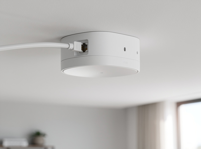 Ceiling-mounted PoE access point wired back to a managed switch in a home rack