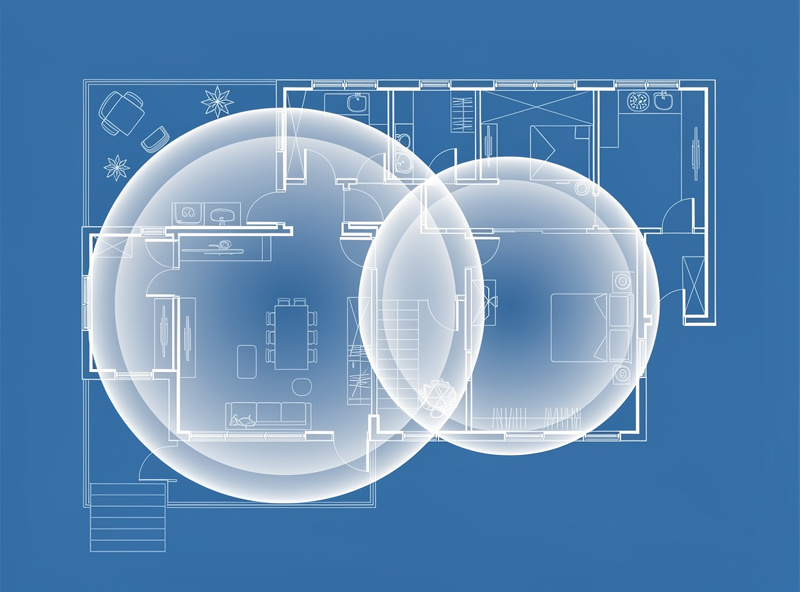 Floor plan diagram showing two ceiling access points with overlapping coverage cells in a home