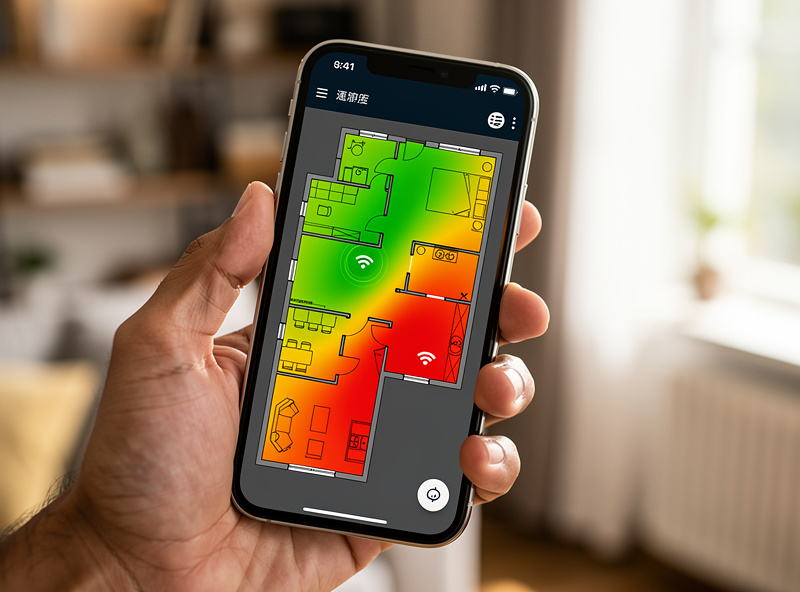 Phone showing a Wi-Fi survey heatmap app overlaid on a home floor plan
