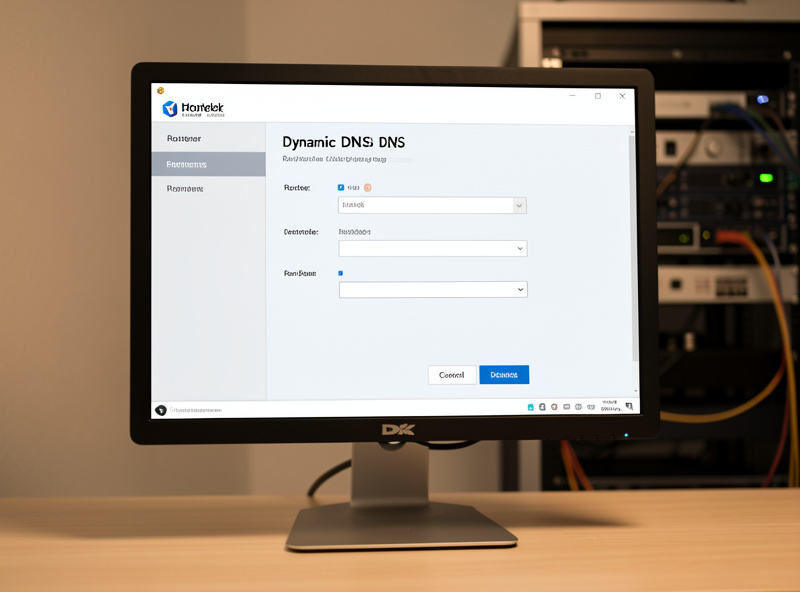 OPNsense dynamic DNS configuration page on a screen with a home network rack nearby