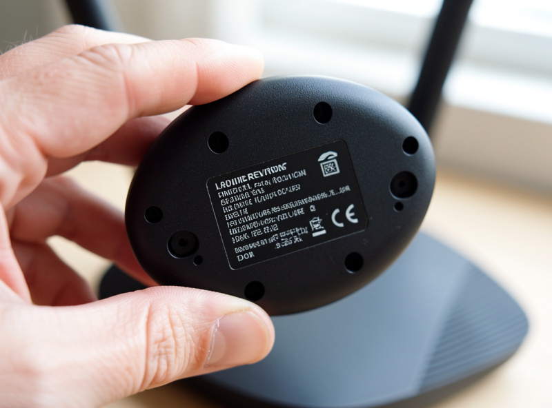 Underside of a router showing the model and hardware revision sticker being checked