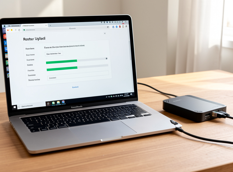 Laptop uploading firmware to a router over an Ethernet cable during flashing