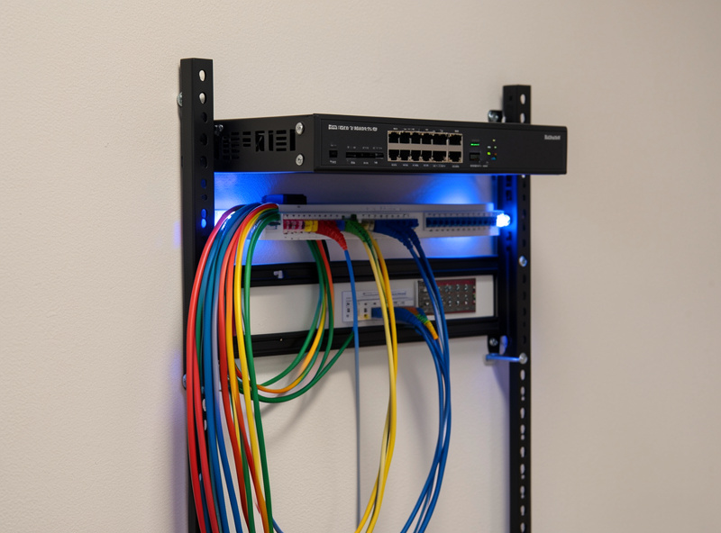 Home network rack with managed switch trunking VLANs, each carrying a separate IPv6 /64 subnet