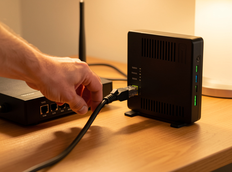Person configuring a home router WAN connection on a laptop next to an ISP modem