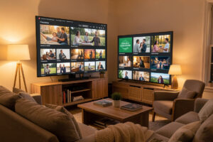 A living-room TV showing a personal movie library from a home media server