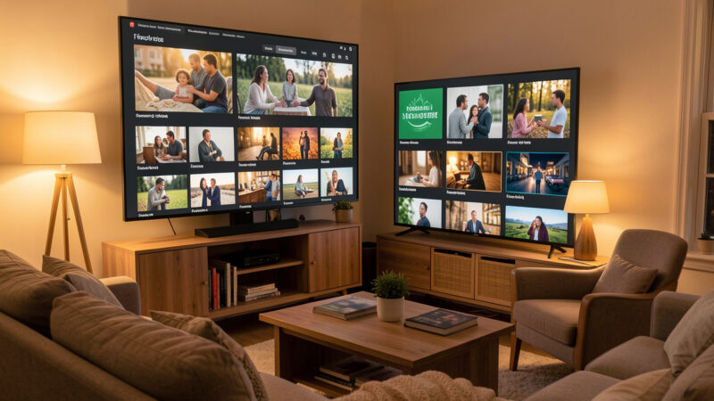 A living-room TV showing a personal movie library from a home media server