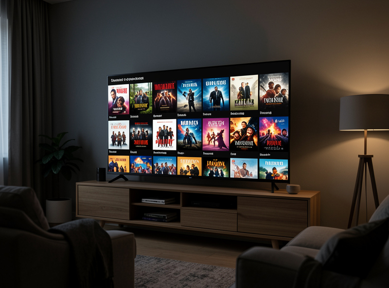 A smart TV showing a personal movie library interface streamed from a home media server