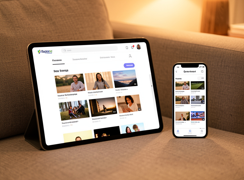 A tablet and phone showing a media server app browsing movies and TV shows at home