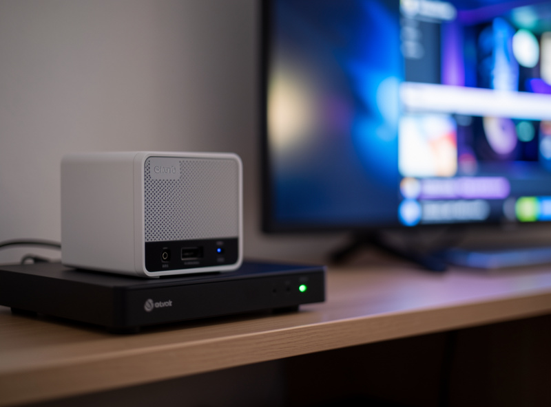 A mini PC media server next to a NAS, streaming video to a TV in the background