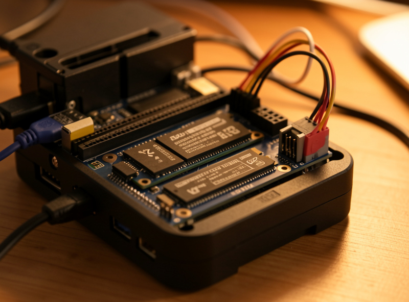 Close-up of a homelab mini PC with NVMe storage running multiple isolated services as containers and virtual machines