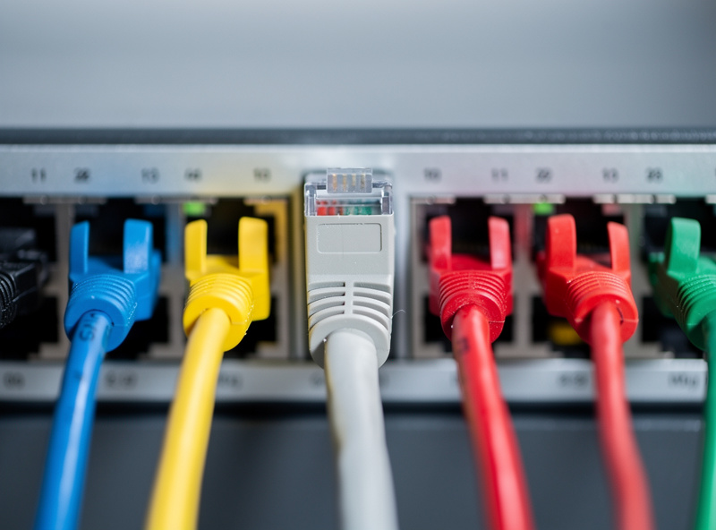 A managed switch with one trunk uplink port and several access ports connected to home devices