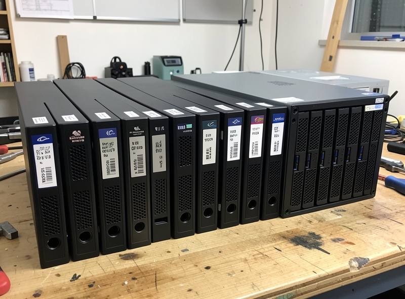 A set of matched NAS hard drives lined up next to a NAS chassis ready for installation