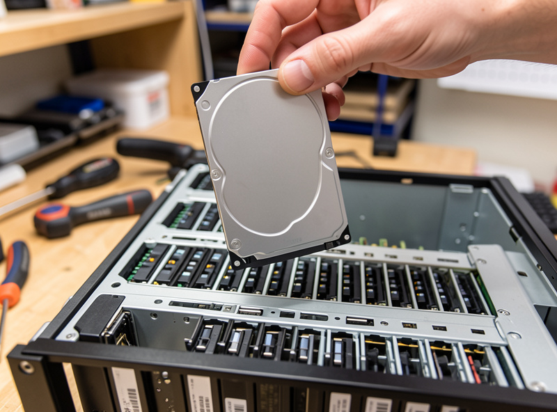Hand holding a 3.5-inch NAS hard drive above a populated drive bay enclosure