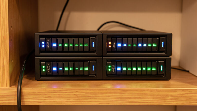 A four-bay NAS acting as a home server with drive activity lights