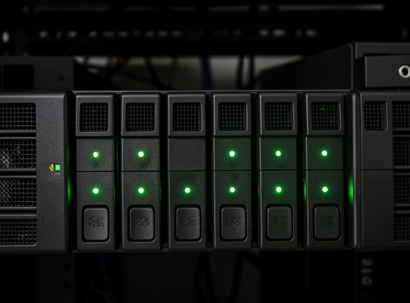 A multi-bay NAS unit on a shelf with status lights, acting as a home server
