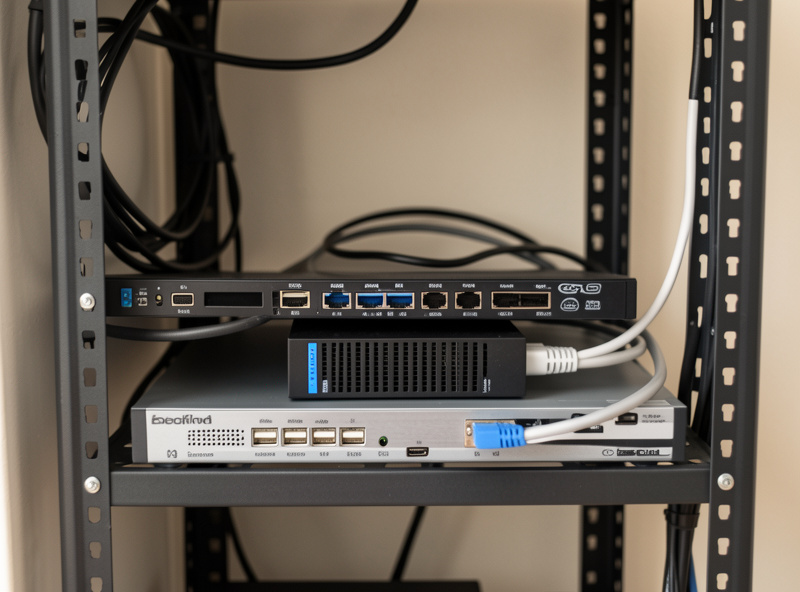 A NAS connected to a managed network switch on a home rack with neat cabling