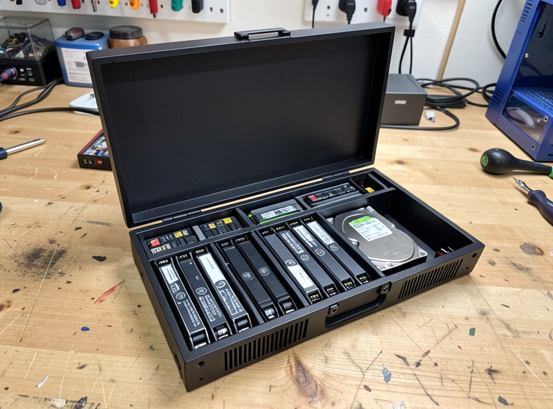 Open NAS chassis showing several hard drives and an SSD installed for app data