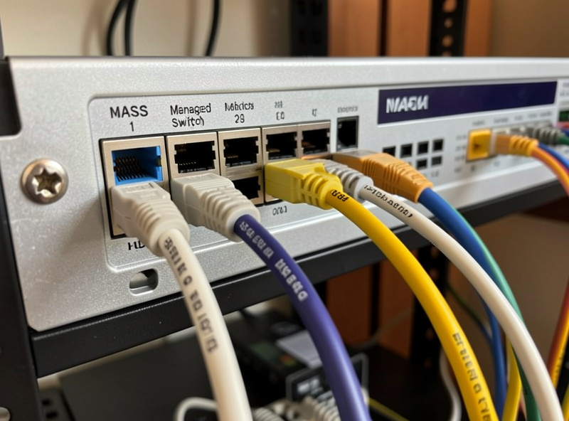 Network rack with a NAS wired to a managed switch by labeled ethernet cables