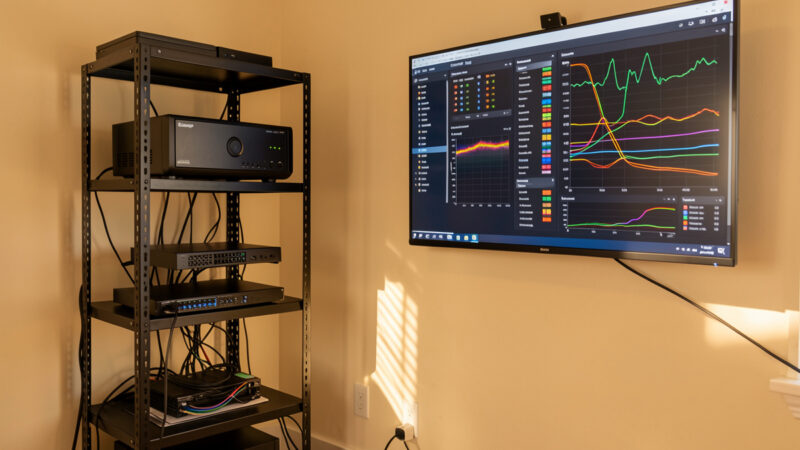 Home network monitoring rack with firewall, managed switch and a wall monitor showing network dashboards