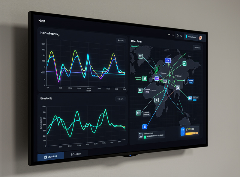Home network monitoring dashboard showing bandwidth graphs and device flows on a rack-mounted display