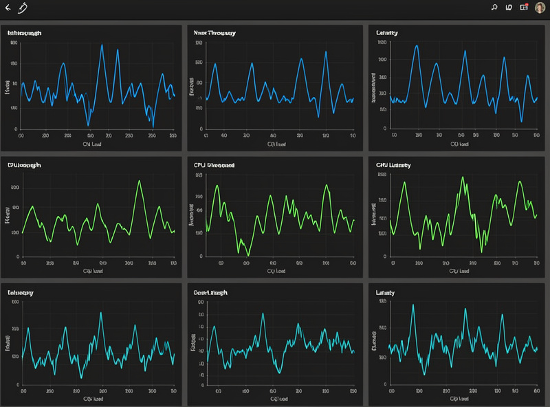 Grafana dashboard with time-series graphs of interface throughput, CPU load, and WAN latency