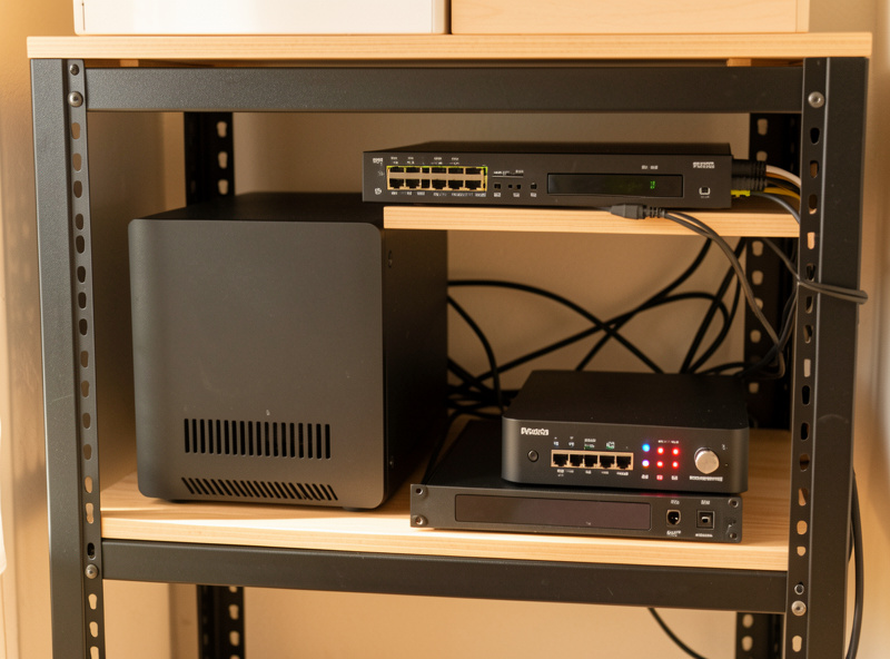Rack-mounted homelab with a Proxmox host and managed switch running self-hosted monitoring containers