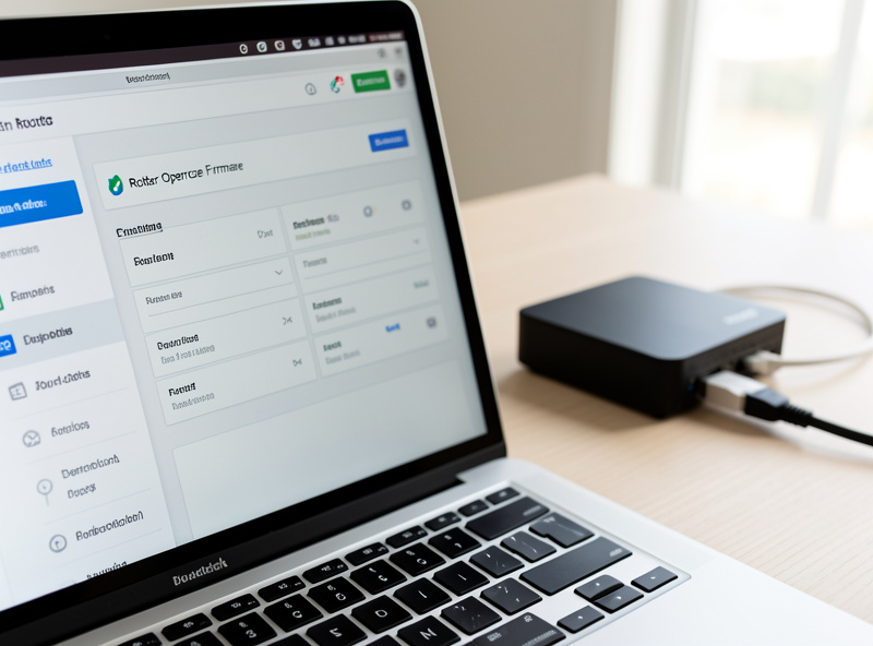 OpenWrt LuCI web interface open on a laptop next to a consumer router being flashed