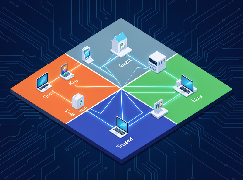 Network diagram showing VLAN segmentation with IoT, guest, kids, and trusted LAN zones