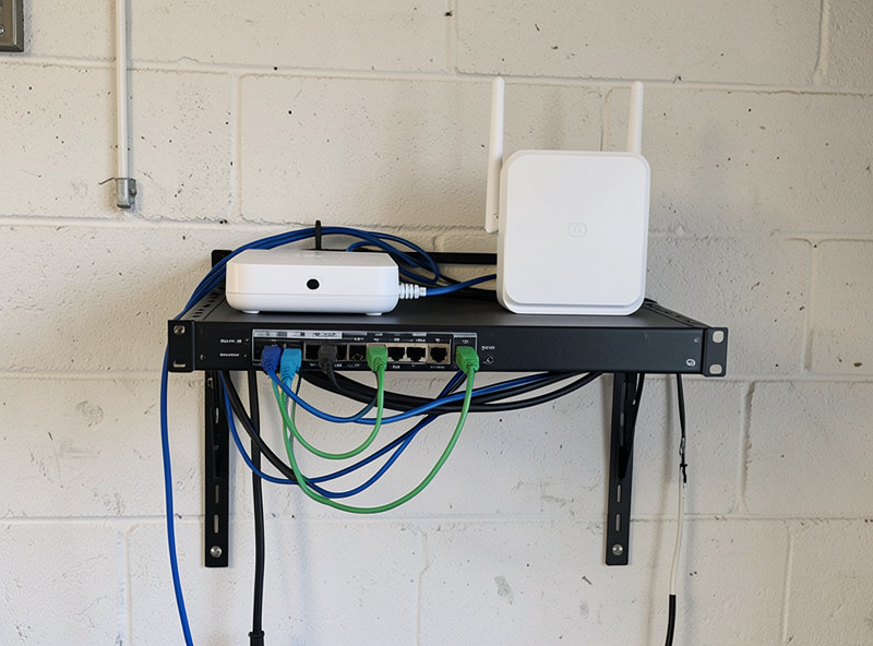 Small rack shelf with an OpenWrt router, a managed switch, and a wired access point