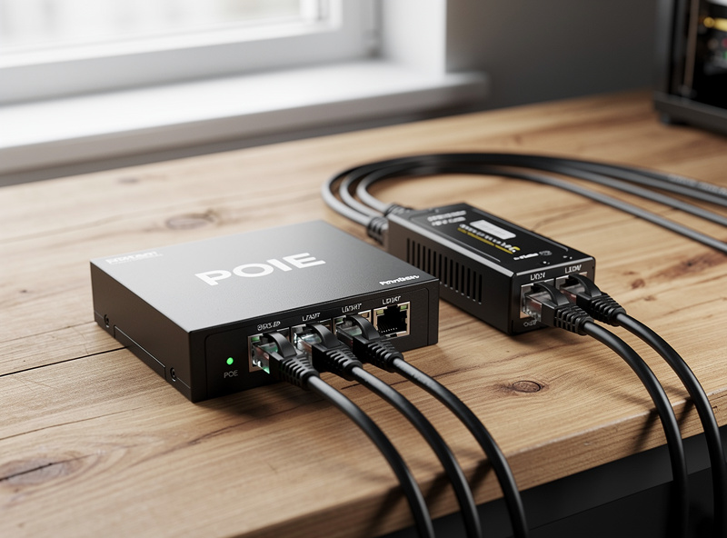 A PoE switch and a separate PoE injector side by side on a workbench