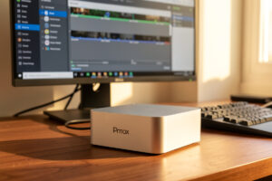 Proxmox mini PC server with its virtualization dashboard on a monitor