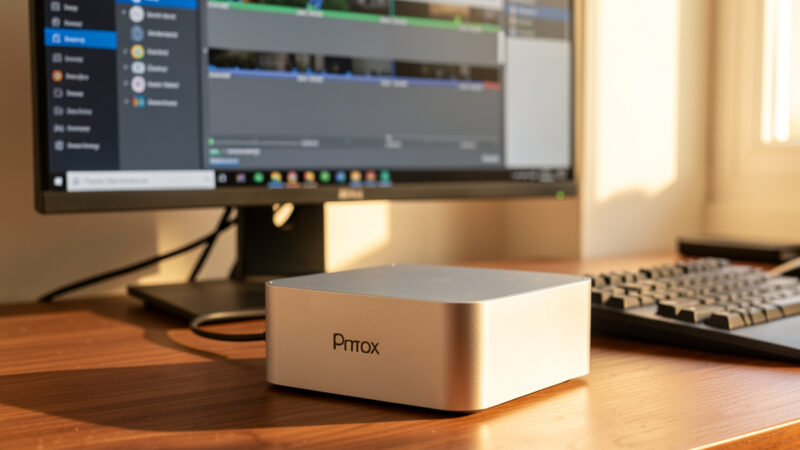 Proxmox mini PC server with its virtualization dashboard on a monitor