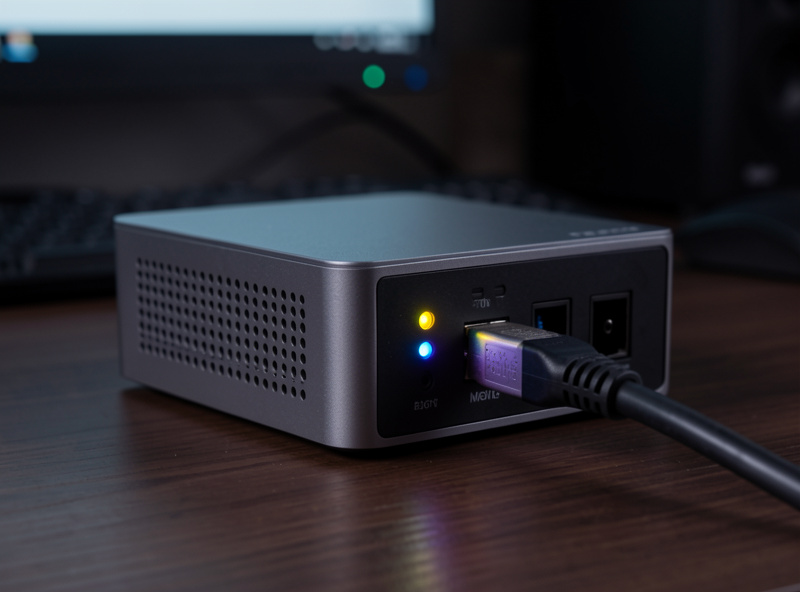 A small Proxmox mini PC server running on a desk with its web management dashboard open on a monitor