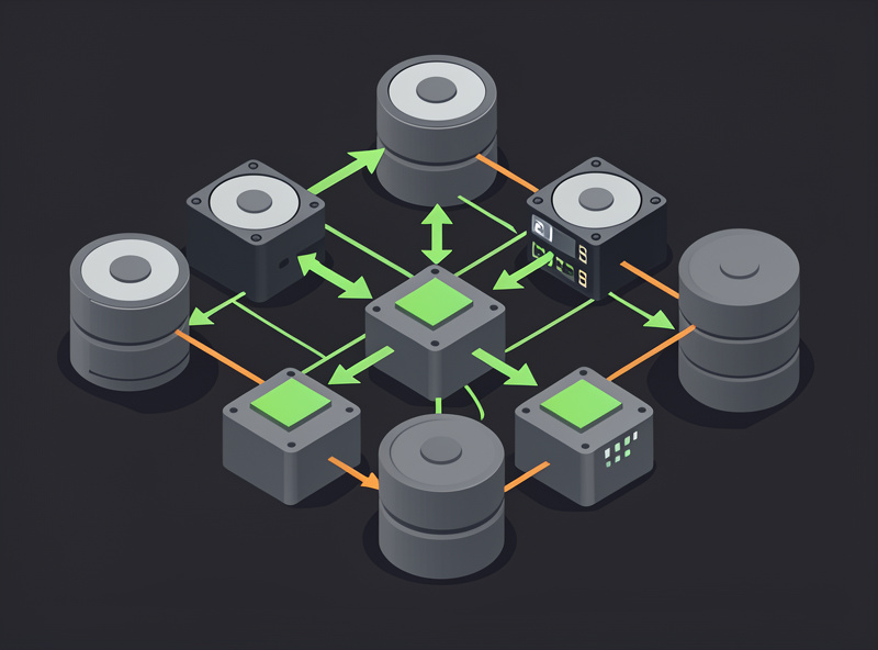 Multiple hard drives arranged showing data and parity distribution concept for RAID