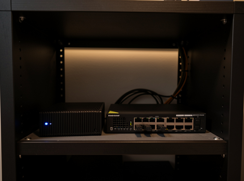 A home network rack with a firewall appliance and switch, illustrating segmentation behind a reverse proxy