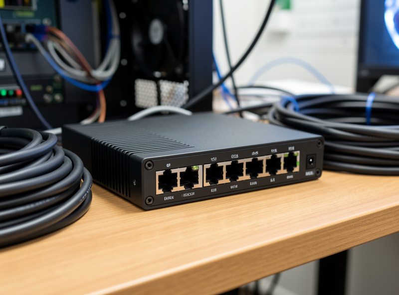 Fanless multi-port mini-PC firewall appliance with several gigabit ethernet ports next to network cables