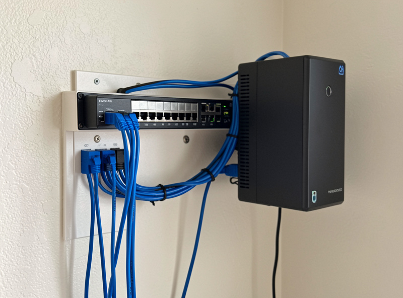 Small home network rack with a managed VLAN switch and blue ethernet patch cables