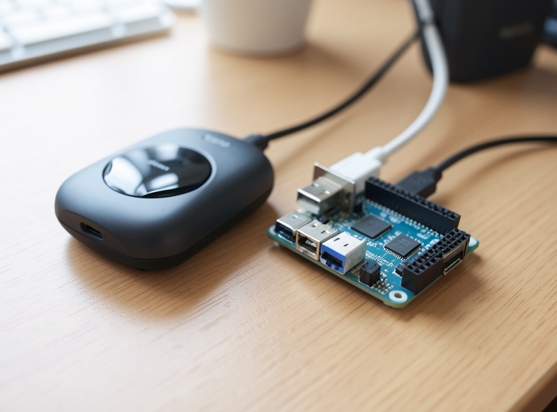 A compact travel router and a single-board computer with a USB ethernet adapter on a desk