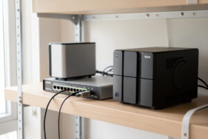 Home server rack with a mini PC, managed switch, and two-bay NAS on a shelf