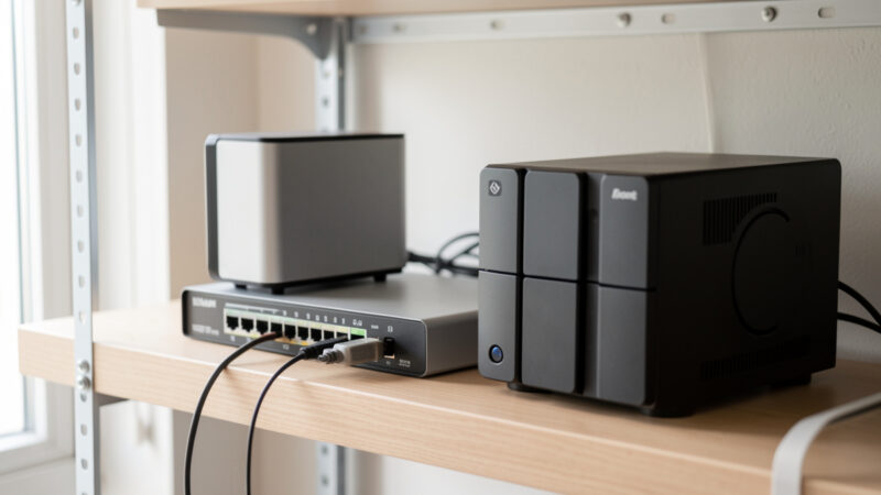 Home server rack with a mini PC, managed switch, and two-bay NAS on a shelf