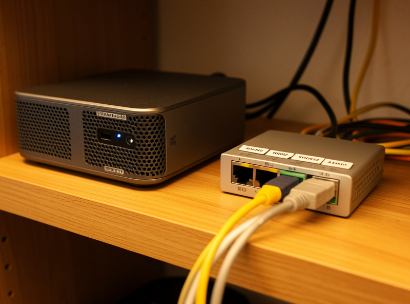 A compact homelab rack with a Proxmox mini PC, managed switch, and NAS on a wall shelf