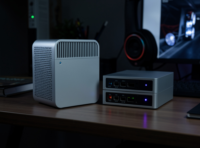 A fanless N100 mini PC running a self-hosted Docker stack next to a two-bay NAS