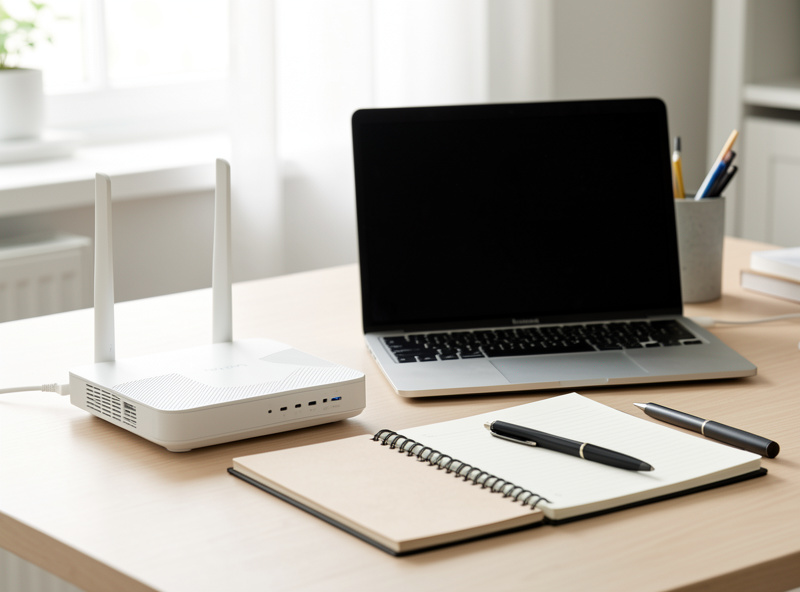 A home office desk with a network router and laptop, weighing a networking decision