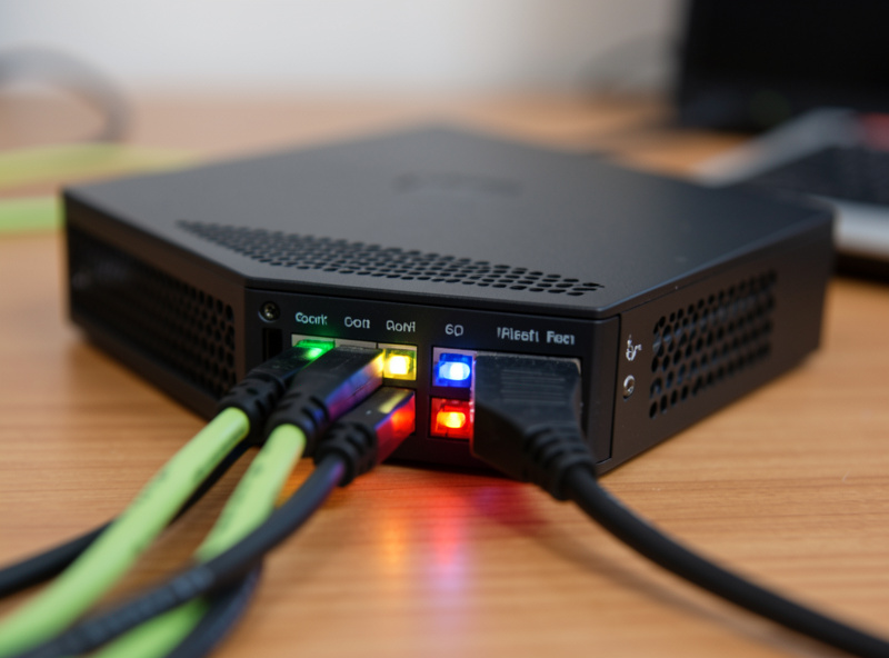 Network firewall appliance with ethernet cables connected, representing a dual-stack home network